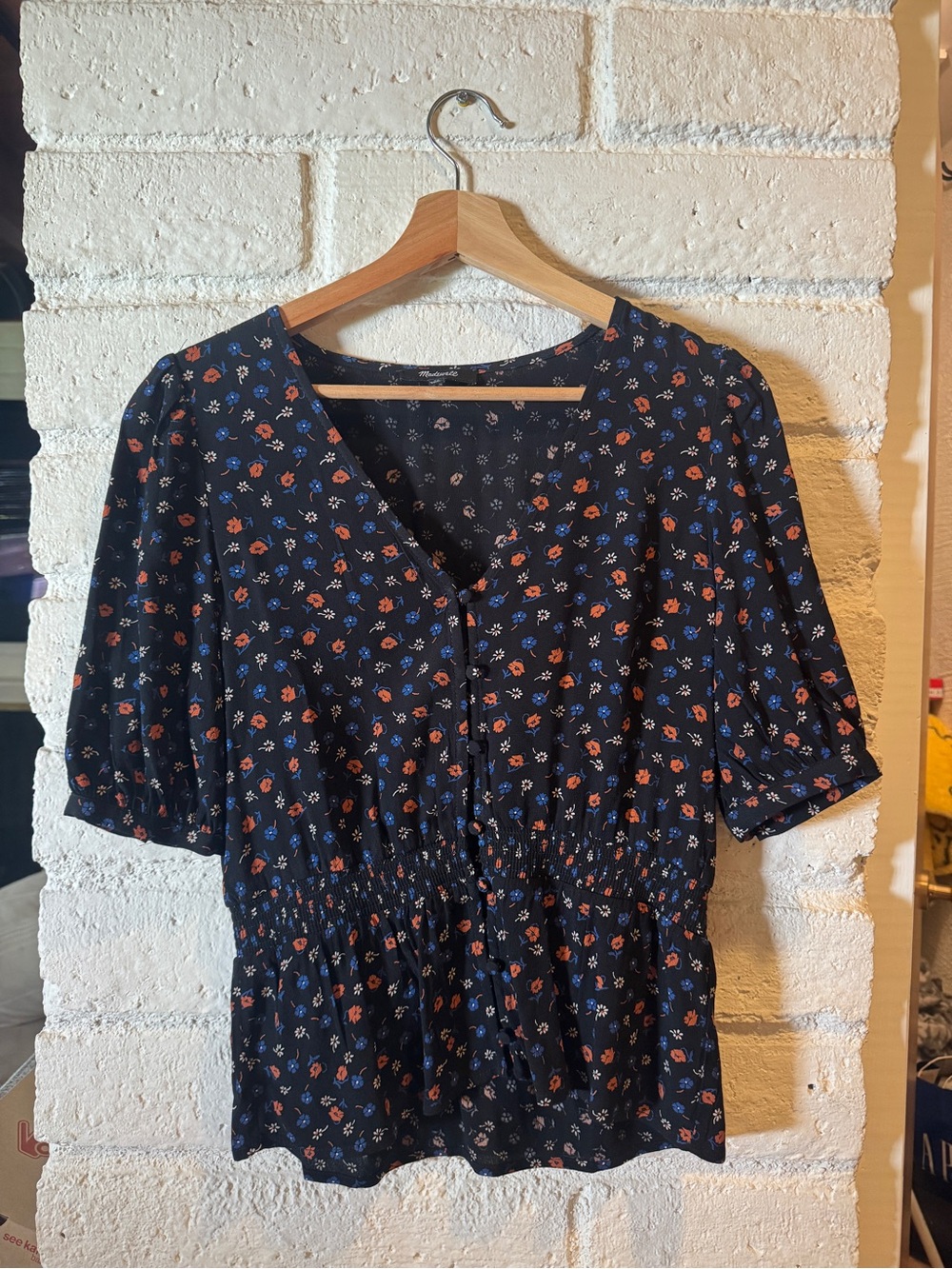 Madewell Navy Floral Long-Sleeve Peplum Top